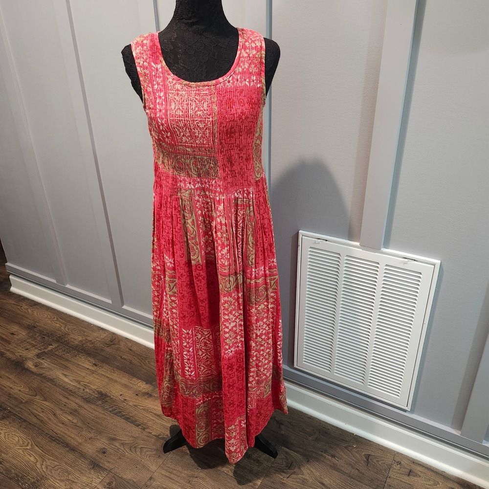 Jane Ashley Boho Maxi Dress S Red Gold Patchwork 100% Cotton Sleeveless Vintage